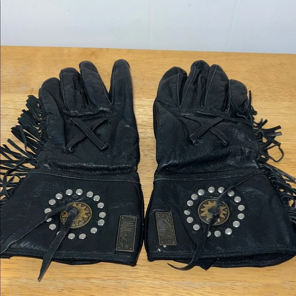 Harley-Davidson Willie® Black Leather Studded Fringe Gloves Vintage 0326261